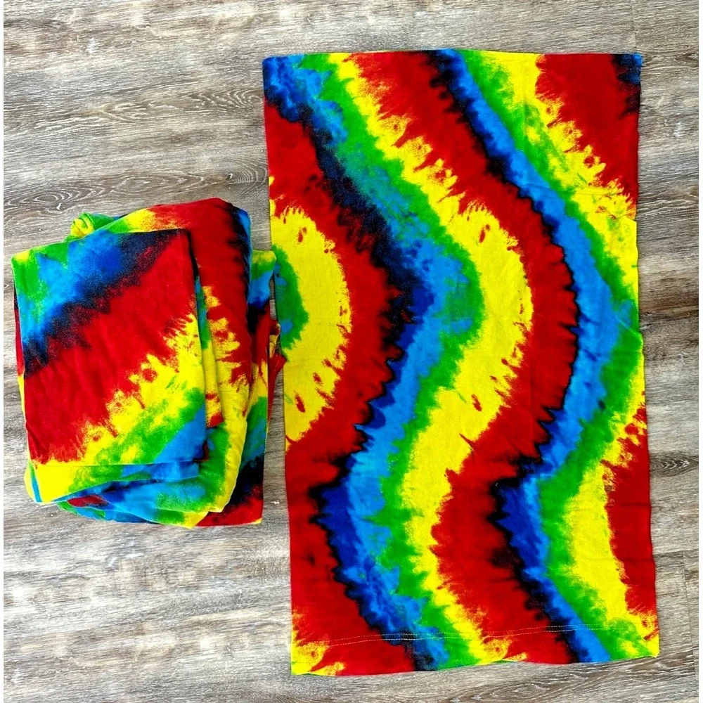 Vintage Y2K Hanes Groovy Tie Dye Full Sheet Set Jersey Knit Cotton Rainbow